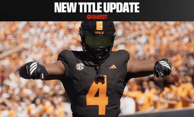 Football player wearing a black number 4 uniform beneath a New Title Update banner for EA SPORTS College Football 27