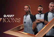 EA SPORTS FC 27 ICONS artwork showing three footballers beside the ICONS title and game logo