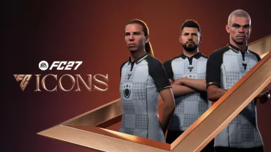 EA SPORTS FC 27 ICONS artwork showing three footballers beside the ICONS title and game logo