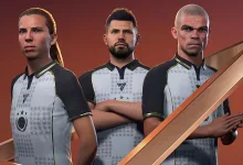 Three EA Sports FC 27 footballers standing against an orange geometric background