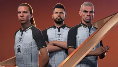 Three EA Sports FC 27 footballers standing against an orange geometric background