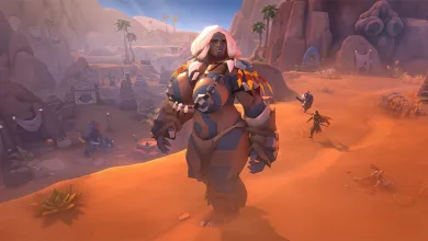 A large armored fantasy character stands in an orange desert landscape while other characters approach in the distance.