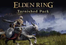 Elden Ring character riding Torrent through a grassy field beneath the Tarnished Pack title
