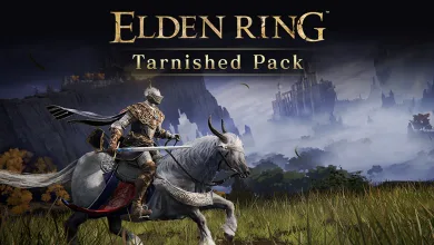 Elden Ring character riding Torrent through a grassy field beneath the Tarnished Pack title