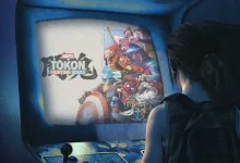 Artwork showing Ellie at an arcade cabinet displaying Marvel Tōkon: Fighting Souls