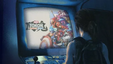 Artwork showing Ellie at an arcade cabinet displaying Marvel Tōkon: Fighting Souls