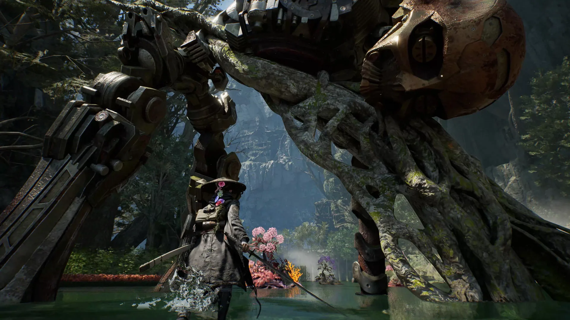 Emma and Koo facing a large mechanical enemy in Beast of Reincarnation