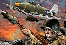 Illustrated Enlisted scene with a WWII soldier holding a rifle beneath several aircraft
