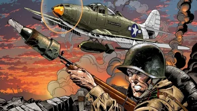 Illustrated Enlisted scene with a WWII soldier holding a rifle beneath several aircraft