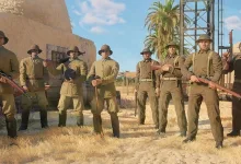 A group of Enlisted soldiers stands in a desert settlement with palm trees.