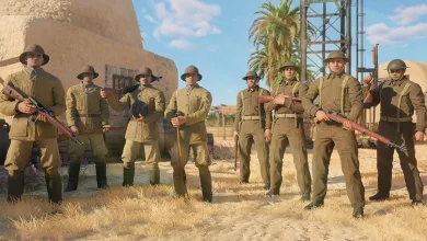 A group of Enlisted soldiers stands in a desert settlement with palm trees.