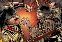 Illustration of two World War II soldiers grappling in close combat, with rifles and equipment visible behind them