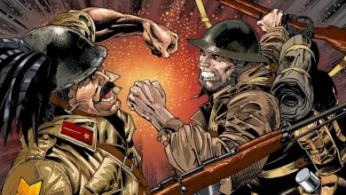 Illustration of two World War II soldiers grappling in close combat, with rifles and equipment visible behind them
