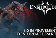 Enshrouded logo and a dragon-like creature beside text reading “1.0 Improvements Dev Update Part 1.”