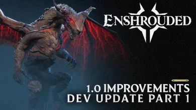 Enshrouded logo and a dragon-like creature beside text reading “1.0 Improvements Dev Update Part 1.”