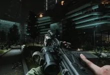 First-person Escape from Tarkov gameplay scene in a dark urban area