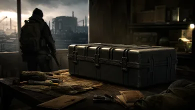 A tactical soldier stands beside a large black storage case in a dim industrial room, evoking Escape from Tarkov's quest reward.