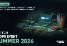 Escape from Tarkov Twitch Drops Summer 2026 artwork showing a laptop and tactical gear on a desk, with the August 5–17 event dates