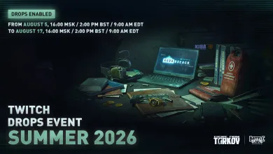 Escape from Tarkov Twitch Drops Summer 2026 artwork showing a laptop and tactical gear on a desk, with the August 5–17 event dates