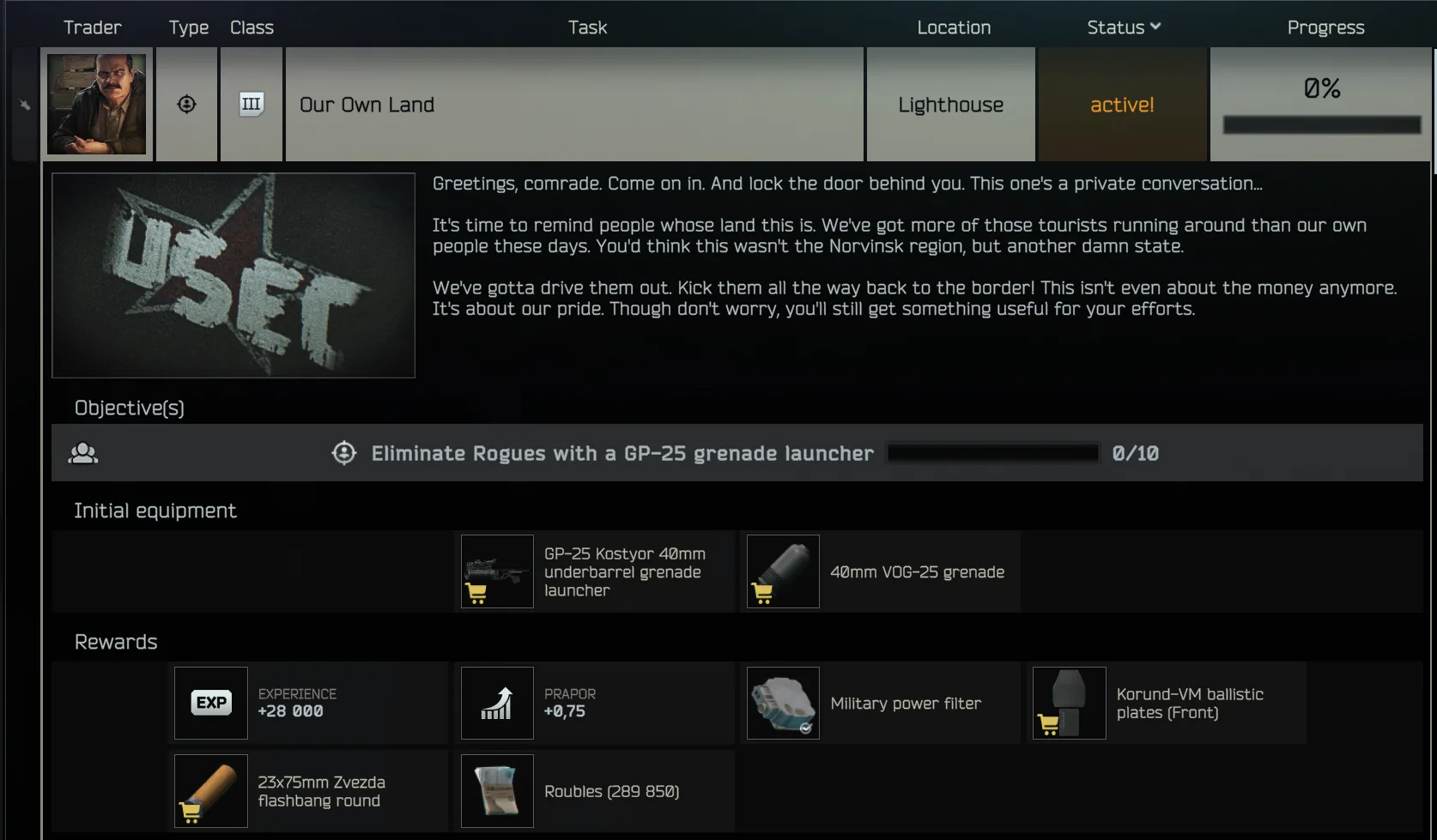 Escape from Tarkov task screen for Our Own Land showing 10 Rogue kills at Lighthouse