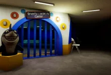 A grinning shark figure stands beside blue bars in a brightly colored children's area in Escape the Backrooms.