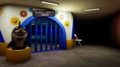 A grinning shark figure stands beside blue bars in a brightly colored children's area in Escape the Backrooms.