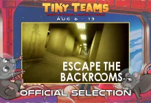 Tiny Teams Festival graphic showing an Escape the Backrooms corridor image and identifying the game as an official selection