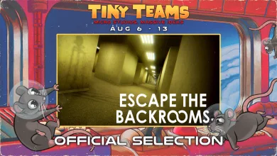 Tiny Teams Festival graphic showing an Escape the Backrooms corridor image and identifying the game as an official selection