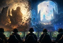 Five esports players sit at computer stations facing a dramatic blue-and-gold fantasy battlefield