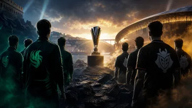 Two esports teams stand opposite each other while facing a championship trophy outside a large illuminated arena.