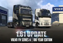 Two Volvo FH trucks outside a Volvo Trucks dealership for Euro Truck Simulator 2's 1.61 update