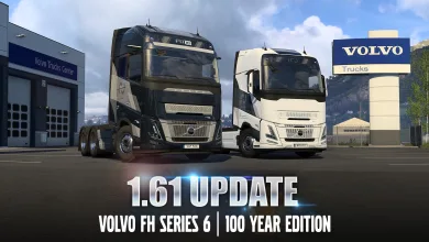Two Volvo FH trucks outside a Volvo Trucks dealership for Euro Truck Simulator 2's 1.61 update