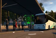A coach waits at a bus station with passengers in Euro Truck Simulator 2.