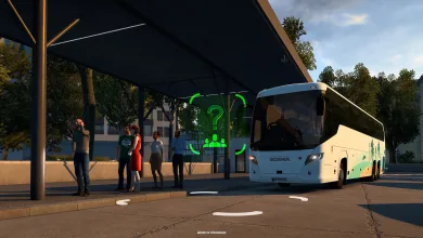 A coach waits at a bus station with passengers in Euro Truck Simulator 2.
