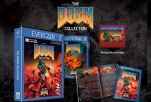 Evercade Doom Collection boxed set, cartridges, and game materials displayed against a dark Doom-themed background