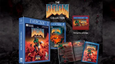 Evercade Doom Collection boxed set, cartridges, and game materials displayed against a dark Doom-themed background