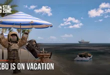 Armored STALCRAFT: X characters relaxing under a beach umbrella beside the sea, with text reading “EXBO IS ON VACATION”