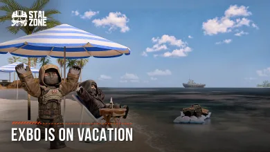 Armored STALCRAFT: X characters relaxing under a beach umbrella beside the sea, with text reading “EXBO IS ON VACATION”