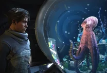 A space-suited character looks at an octopus-like companion inside a futuristic aquarium in Exodus.