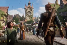 The Hero walks through a busy Bowerstone village square with a clocktower and townspeople in Fable