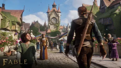 The Hero walks through a busy Bowerstone village square with a clocktower and townspeople in Fable