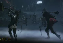 The Hero raises a heavy weapon while facing skeletons in a dark Fable combat encounter