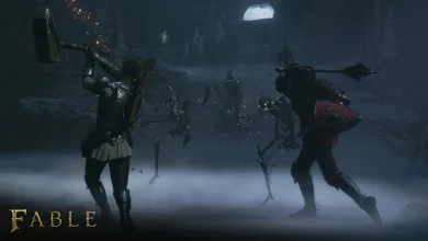 The Hero raises a heavy weapon while facing skeletons in a dark Fable combat encounter