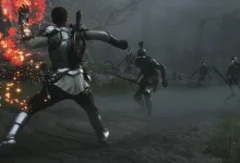The Fable hero confronts skeletal enemies in a dark combat encounter as fire and sparks erupt nearby