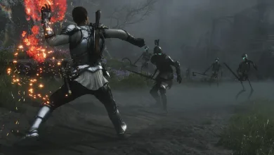 The Fable hero confronts skeletal enemies in a dark combat encounter as fire and sparks erupt nearby
