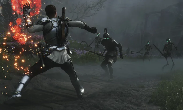 The Fable hero confronts skeletal enemies in a dark combat encounter as fire and sparks erupt nearby
