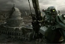 Power-armored soldier overlooking the ruined Washington, D.C., skyline in Fallout 3
