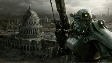 Power-armored soldier overlooking the ruined Washington, D.C., skyline in Fallout 3