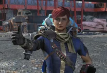 A Fallout 76 character gives a thumbs-up in a post-apocalyptic town