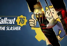 Fallout 76 artwork showing Vault Boy tearing through a paper-like image to reveal a masked slasher figure, with The Slasher title text